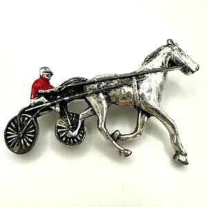 1940s vintage silver tone red enamel horse man racer chariot figural brooch